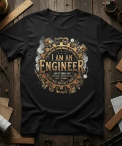 I Am An Engineer quote t-shirt with a steampunk-inspired gear and piston graphic, featuring the full text of the design