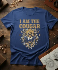 I Am The Cougar T-Shirt with a fierce wild cat graphic and bold text