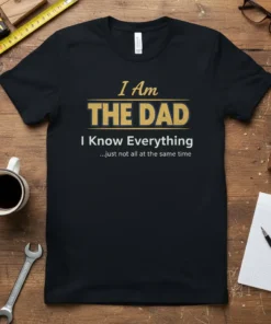 Black t-shirt with gold and white text: "I Am THE DAD I Know Everything ...just not all at the same