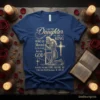 Christian t-shirt design with gold text "I Am The Daughter Of The King" and a kneeling knight graphic
