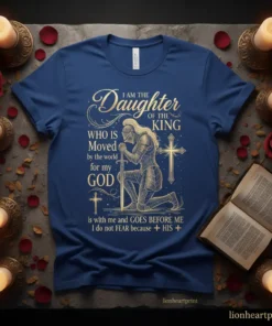Christian t-shirt design with gold text "I Am The Daughter Of The King" and a kneeling knight graphic