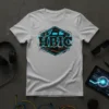 White t-shirt with "I am the HBIC" text in bold, neon-style font, surrounded by a futuristic hexagonal graphic