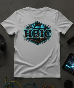 White t-shirt with "I am the HBIC" text in bold, neon-style font, surrounded by a futuristic hexagonal graphic