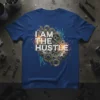 I Am The Hustle text design with gears and pistons on a blue t-shirt