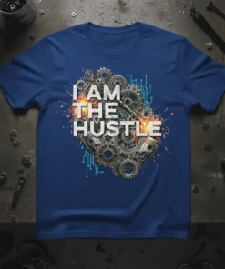 I Am The Hustle text design with gears and pistons on a blue t-shirt