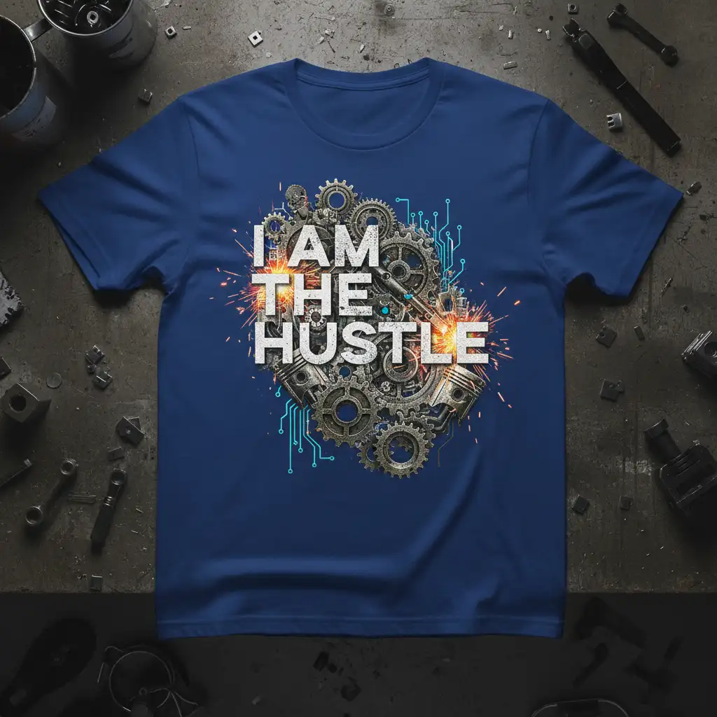 I Am The Hustle quote design featuring intricate gears and pistons, symbolizing drive and ambition