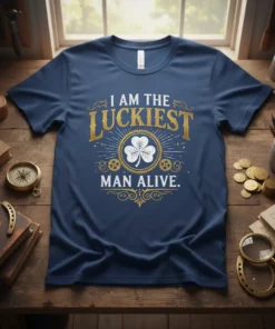 I Am The Luckiest Man Alive t-shirt with shamrock graphic and vintage distressed design elements