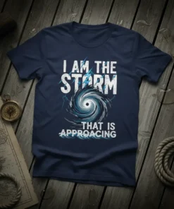 T-shirt with "I AM THE STORM THAT IS APPROACING" text and a swirling hurricane graphic in white and blue