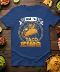 I Am The Taco King t-shirt design featuring a crowned taco graphic and bold text