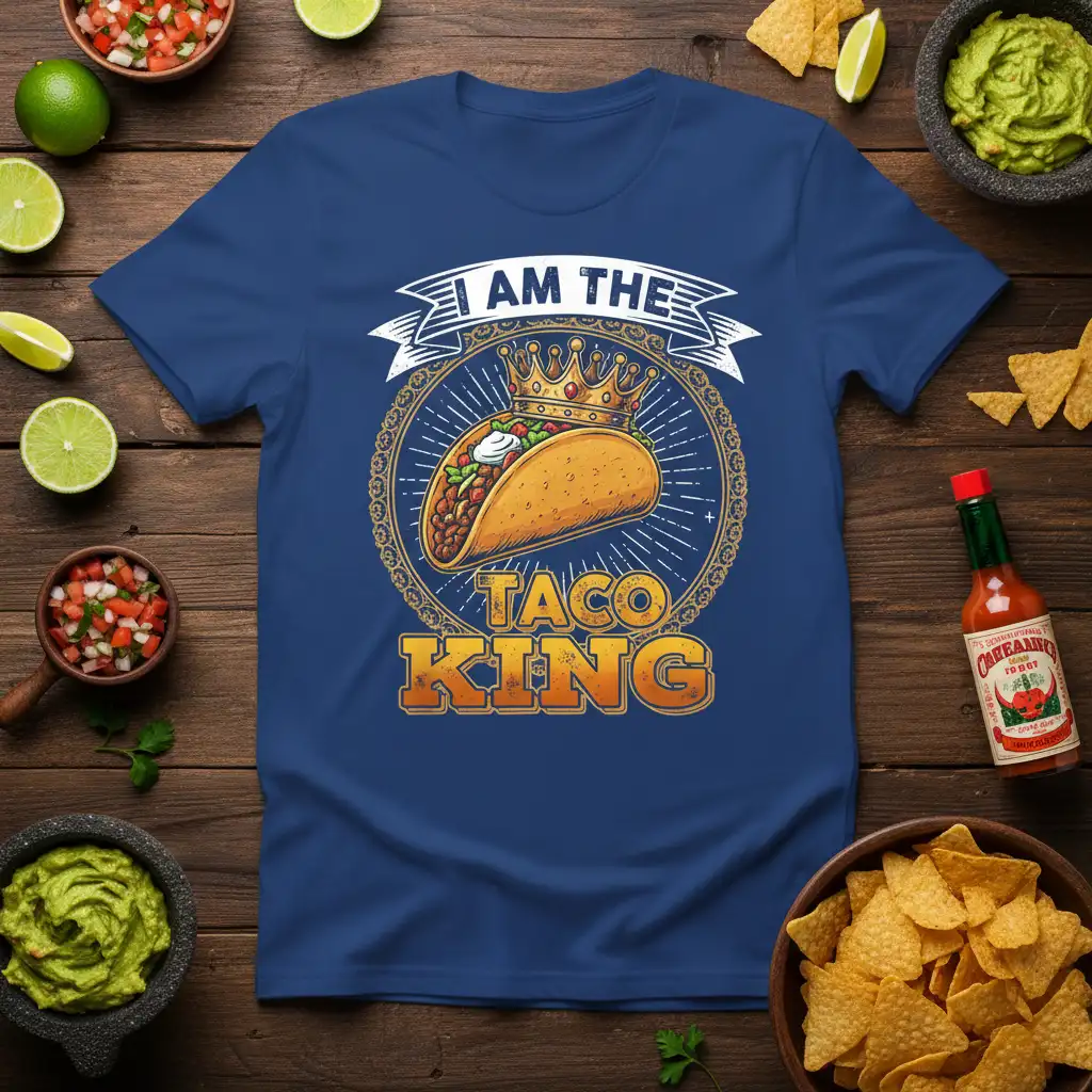 I Am The Taco King graphic t-shirt with crowned taco illustration and distressed text
