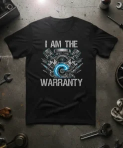 I Am The Warranty t-shirt with a detailed graphic of a V8 engine and bright blue accents