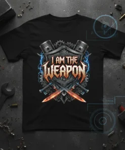 I Am The Weapon quote on a black t-shirt with metallic font, crossed swords, and piston graphics