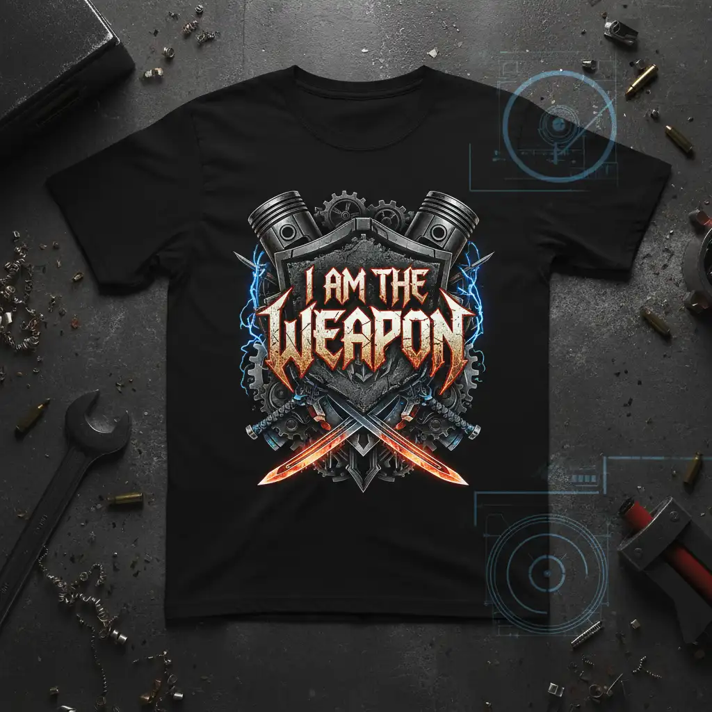 I Am The Weapon quote design with crossed swords and engine pistons, bold metallic font