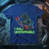 I Am... Unstoppable t-shirt design featuring a robotic dragon holding wrenches with glowing neon text