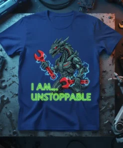 I Am... Unstoppable t-shirt design featuring a robotic dragon holding wrenches with glowing neon text
