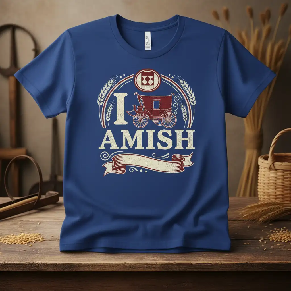 I Amish heritage t-shirt featuring a red horse carriage and wheat wreath design