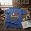 I Anthony t-shirt with flaming heart and rose tattoo design, blue graphic tee