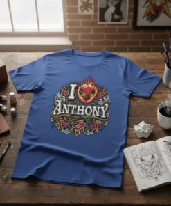 I Anthony t-shirt with flaming heart and rose tattoo design, blue graphic tee