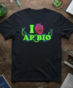 I APBIO t-shirt with neon green text, a red anatomical heart, and blue DNA helix graphics
