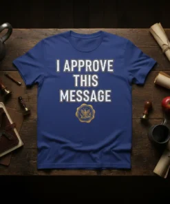 I APPROVE THIS MESSAGE text on a blue t-shirt with a gold seal graphic