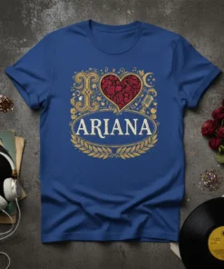 Blue t-shirt with "I ARIANA" text, a decorative red heart, and musical notes in a vintage gold frame