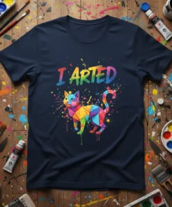 I ARTED text above a colorful geometric cat design on a navy blue t-shirt, art supplies background