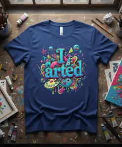 Blue t-shirt with the text "I arted" in vibrant, colorful, cartoon-style lettering, surrounded by art supplies like paintbrushes and a