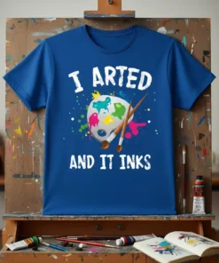 Blue t-shirt with white text "I ARTED AND IT INKS" and a colorful art palette with brushes