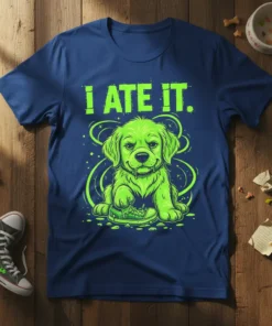 I Ate It. text above a mischievous green dog sitting by its empty food bowl, on a navy blue t-shirt