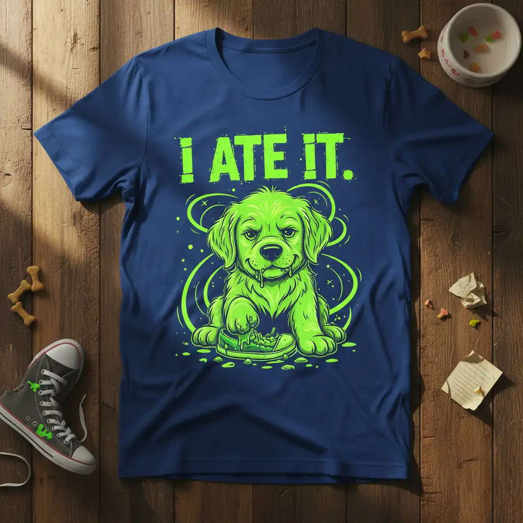 I Ate It. text with a guilty green puppy illustration on a navy blue t-shirt design