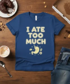 I Ate Too Much quote on a blue t-shirt with a cartoon stomach wearing a party hat and holding food