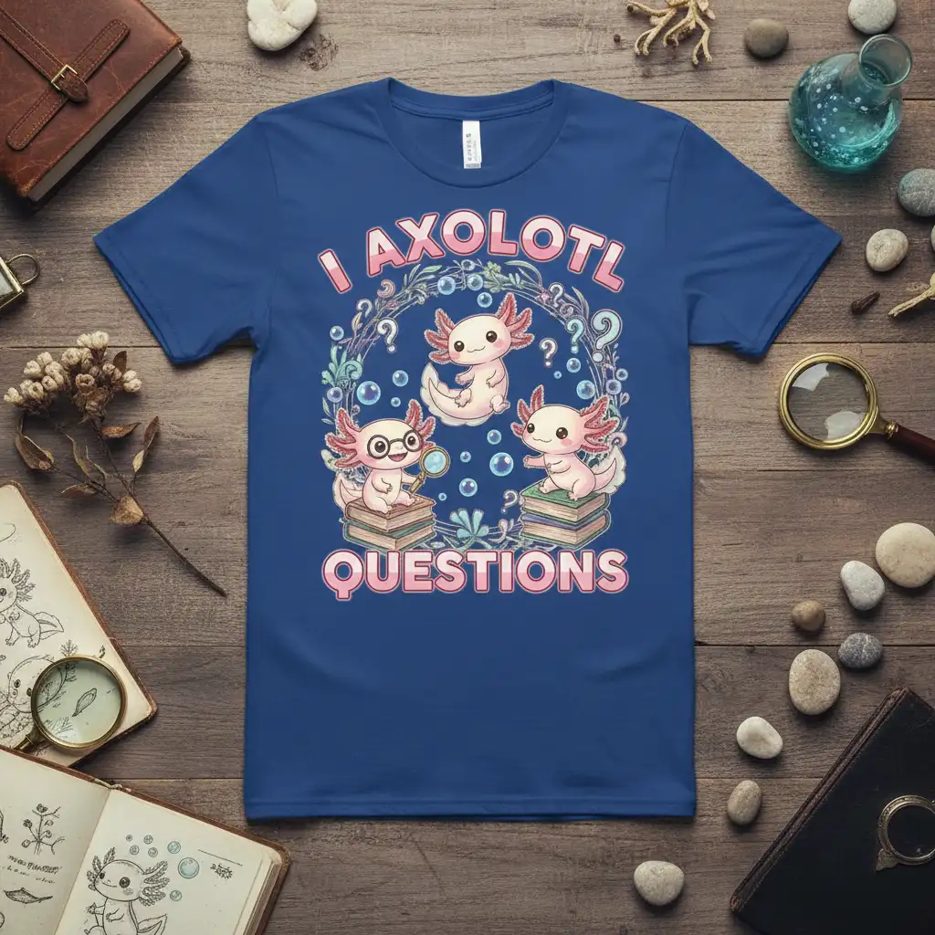 I Axolotl Questions text with three kawaii axolotls on books, surrounded by bubbles and question marks
