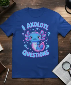 I Axolotl Questions t-shirt design featuring a cute blue axolotl with pink accents and question marks