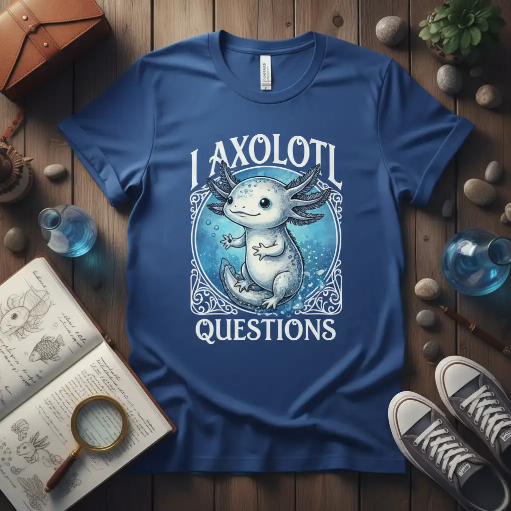 I Axolotl Questions text with a cute axolotl illustration on a blue t-shirt design