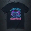I Axolotl Questions t-shirt with a neon-style axolotl graphic and city skyline background
