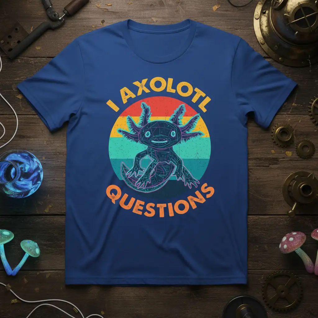 I Axolotl Questions funny quote t-shirt with a retro sunset circle and geometric axolotl graphic