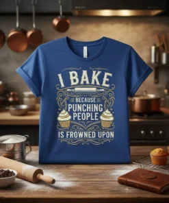 I Bake Because Punching People Is Frowned Upon T-Shirt with cupcakes and rolling pin graphic