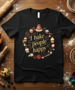 Black t-shirt with "I bake people happy" quote surrounded by a wreath of cupcakes, cake, and berries