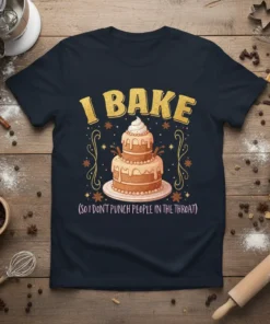Funny "I Bake (So I Don't Punch People In The Throat)" t-shirt with a tiered cake graphic