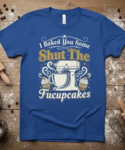 T-shirt with "I Baked You Some Shut The Fucupcakes" text and a baking mixer with cupcakes graphic