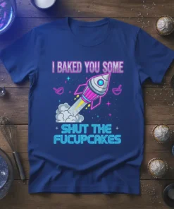 I BAKED YOU SOME SHUT THE FUCUPCAKES text on a blue t-shirt with a retro rocket graphic
