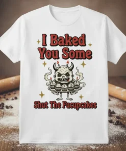 T-shirt with red text "I Baked You Some Shut The Fucupcakes" and a cartoon devil holding a tray of cupcakes