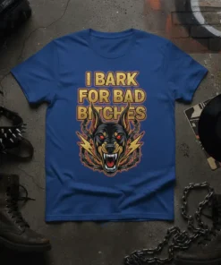 I Bark For Bad Bitches Doberman dog t-shirt with golden text and fierce dog graphic