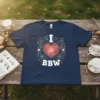 I BBW t-shirt with a geometric red heart and floral accents, navy blue shirt