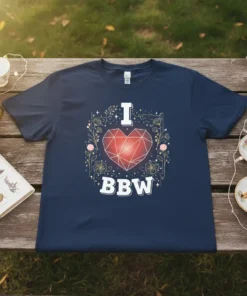I BBW t-shirt with a geometric red heart and floral accents, navy blue shirt