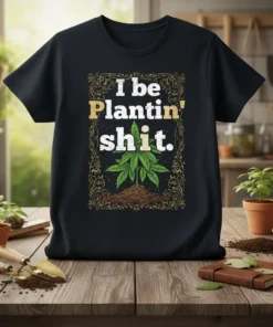 I be Plantin' shit quote t-shirt with a marijuana plant graphic, framed by ornate gold borders