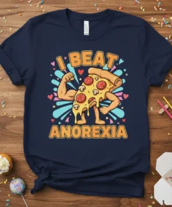 Navy t-shirt with bold orange text "I BEAT ANOREXIA" and a cartoon pizza slice flexing its biceps