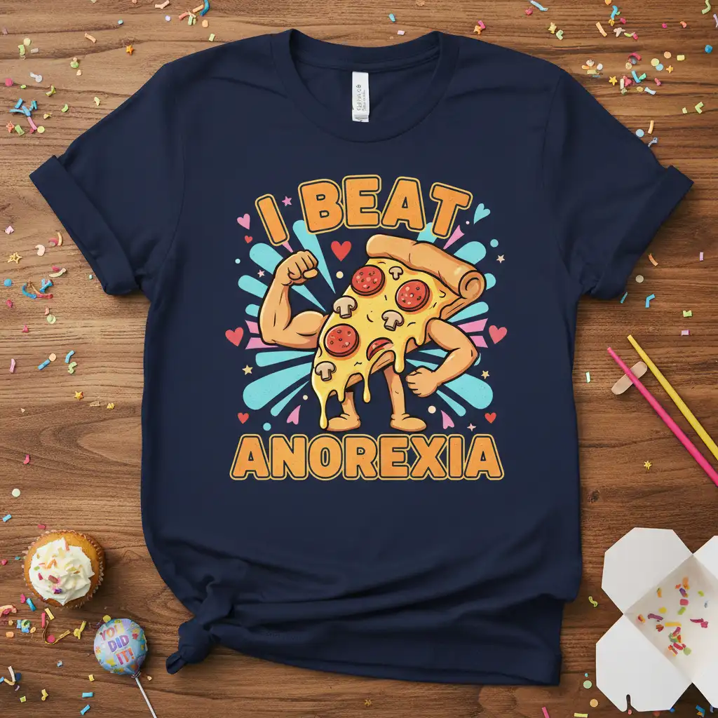 I Beat Anorexia funny pizza slice flexing biceps on a navy tee with colorful accents