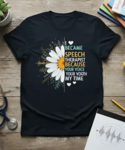 Speech therapist t-shirt with quote "I Became Speech Therapist Because Your Voice Your Worth My Time" and a daisy graphic