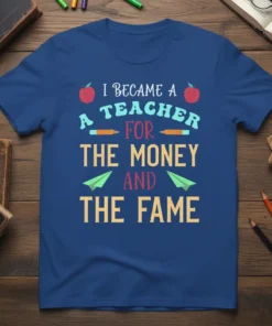 I BECAME A TEACHER FOR THE MONEY AND THE FAME quote on a blue t-shirt with apple and paper airplane